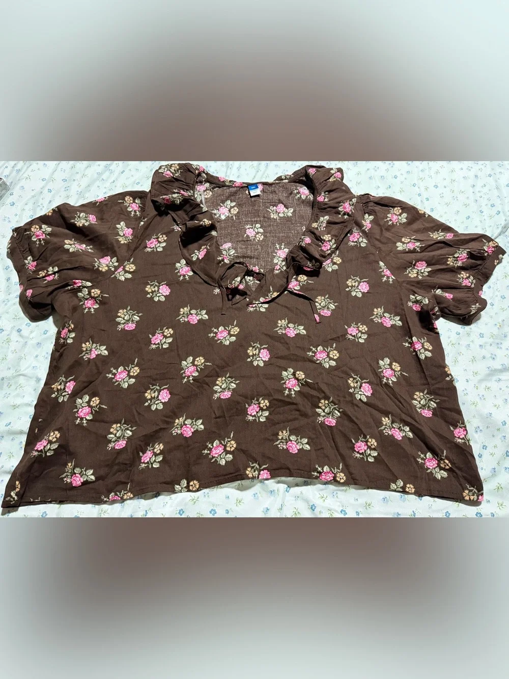 Old Navy Brown Floral Ruffle-Smock Blouse with Pink Rose Print